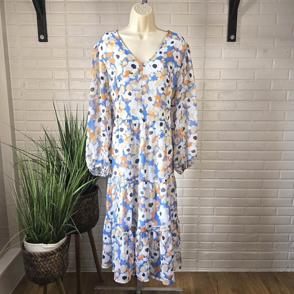 NWT Joie Floral Blue and White Maxi Tiered Chiffon Dress Size Extra Large
